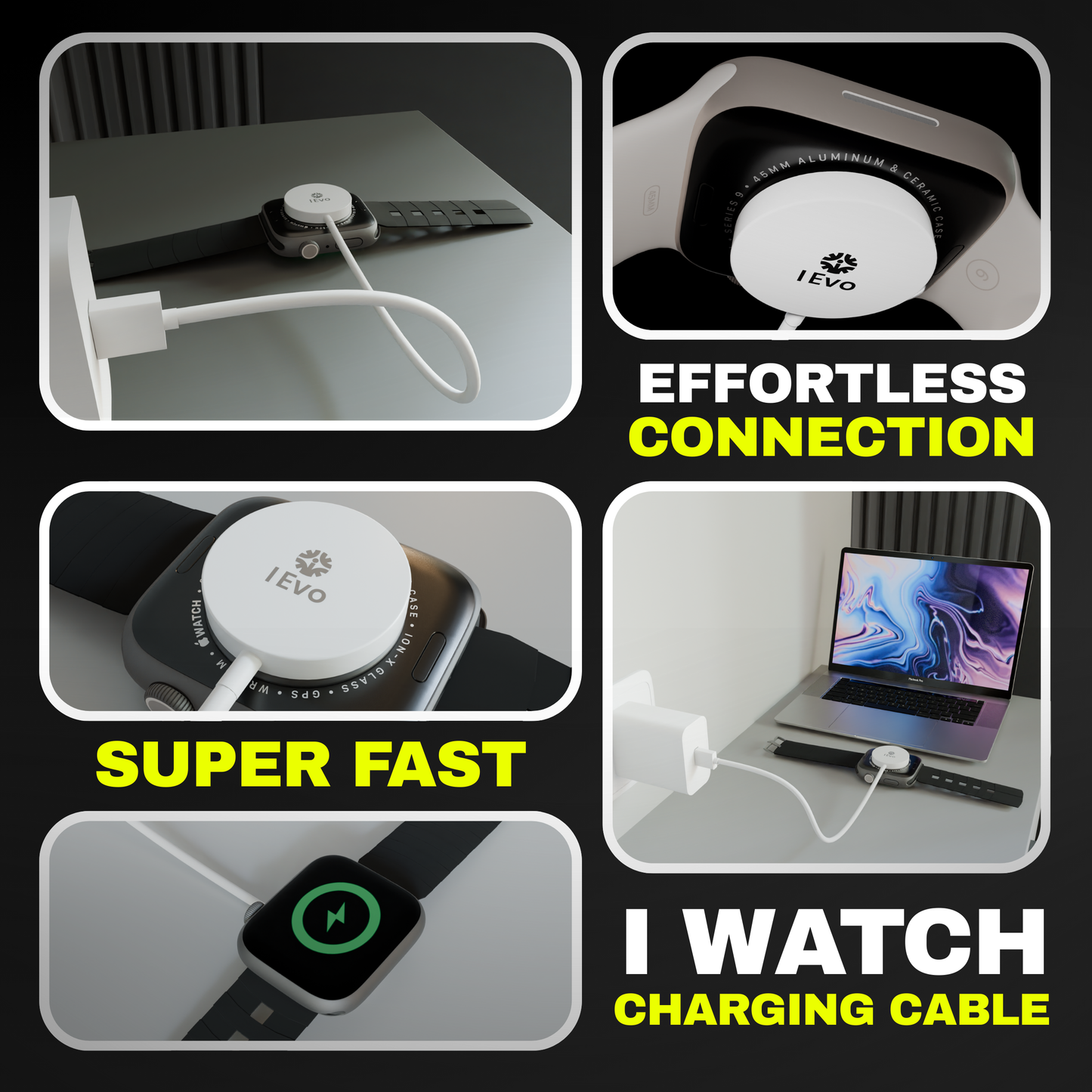 Magnetic Apple Watch charger by ievonline showing effortless connection and super fast charging with cable