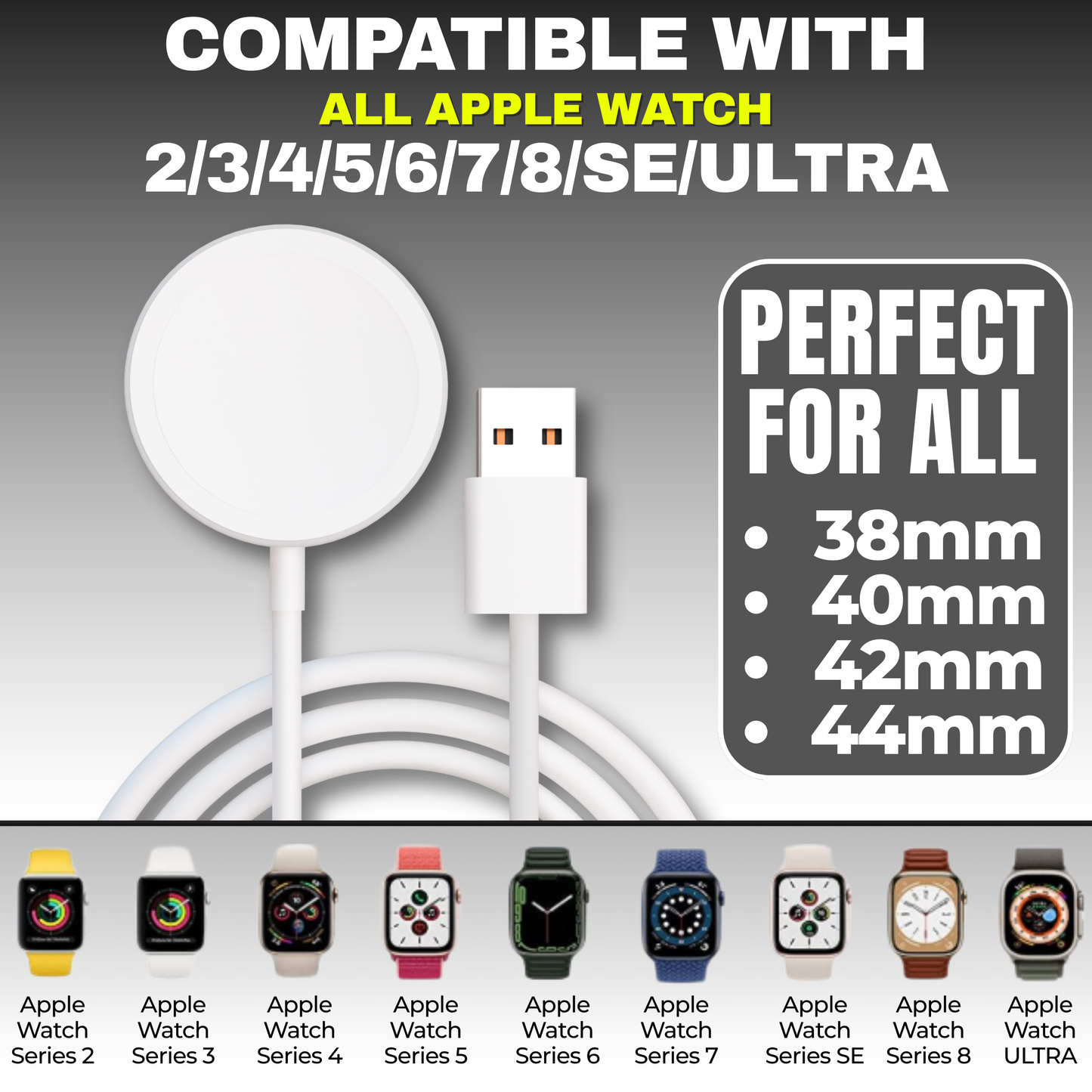 Magnetic Apple Watch charger compatible with all Apple Watch models Series 2 to Ultra with USB connector