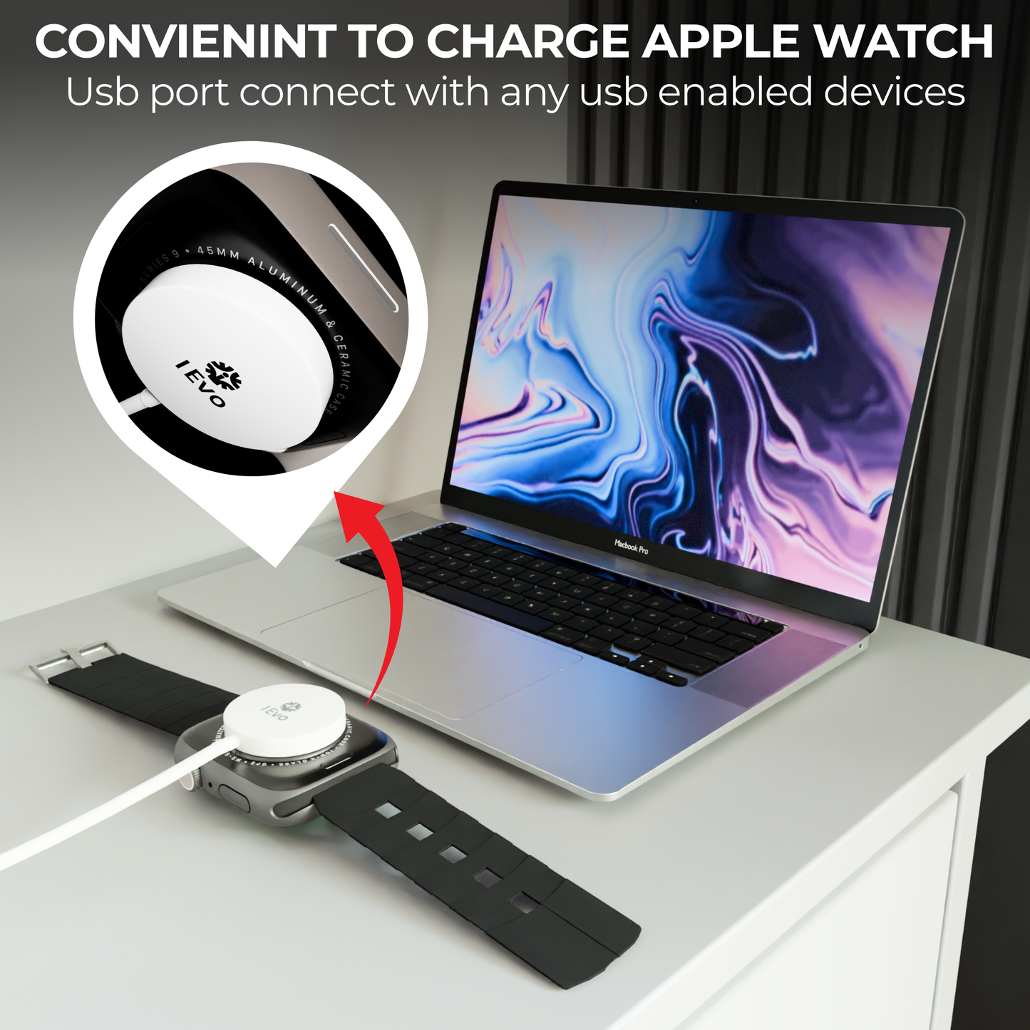 Magnetic Apple Watch charger plugged into a laptop USB port charging an Apple Watch on a white desk