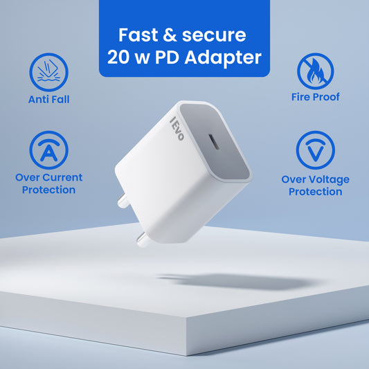 IEVO 20W USB-C mobile charger with fast charging, anti-fall, fireproof, and over current voltage protection