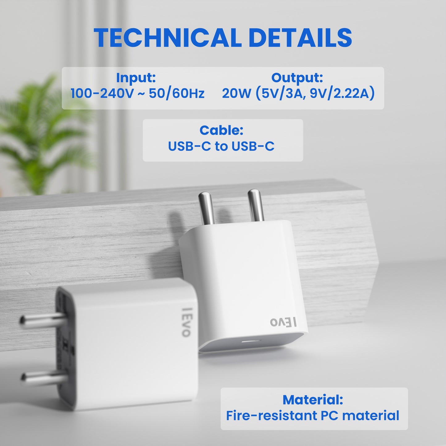 ievonline 20W USB-C mobile charger with USB-C to USB-C cable and fire-resistant PC material