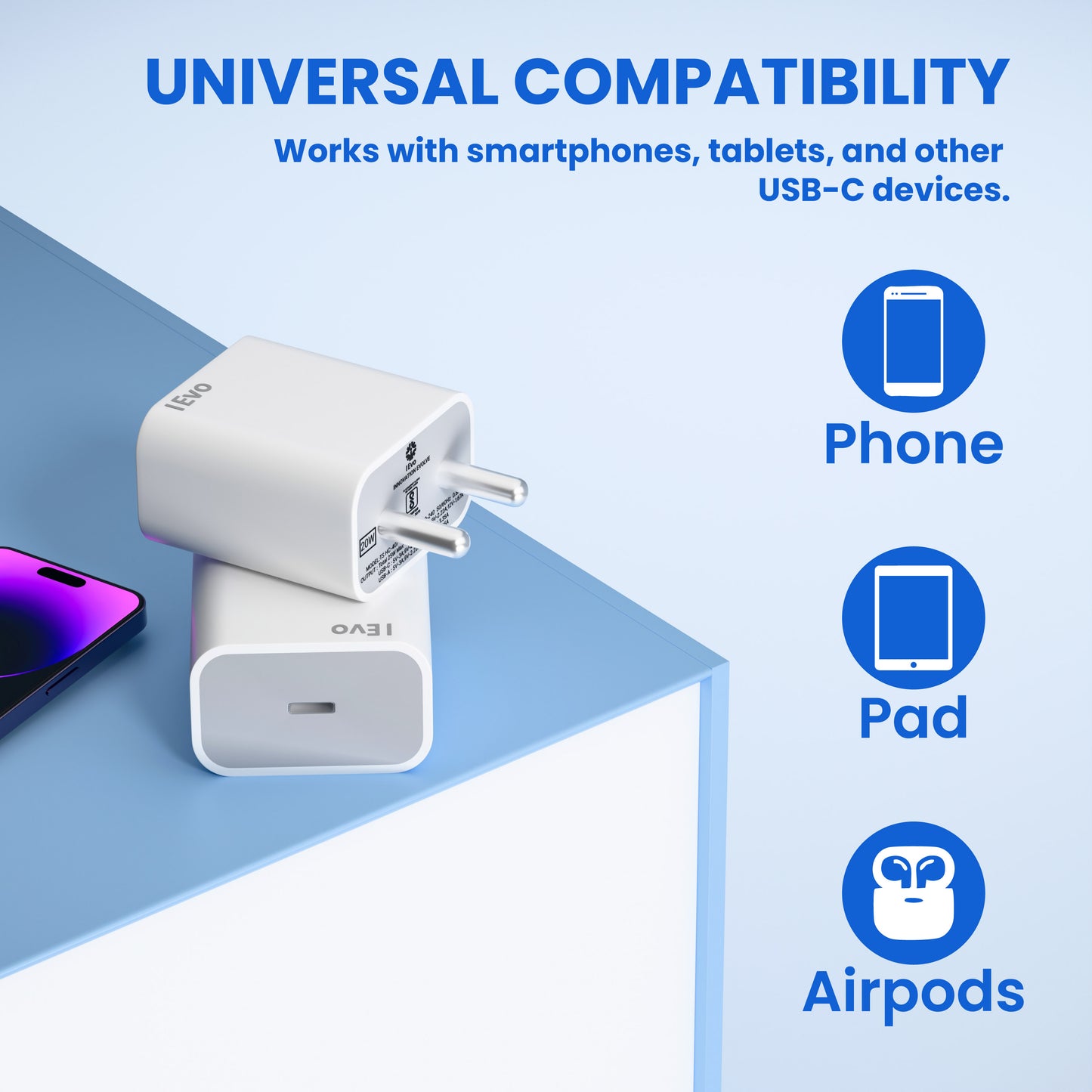 IEVOnline 20W USB-C mobile charger with universal compatibility for phones tablets and AirPods