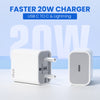 ievonline 20W USB-C mobile charger with USB-C to C and Lightning support in white compact design