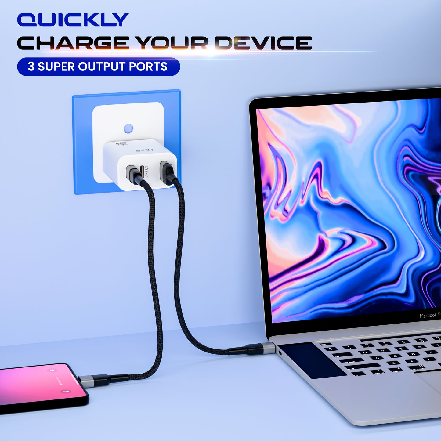 IEVO 25W fast charger adapter with 3 output ports charging smartphone and laptop simultaneously