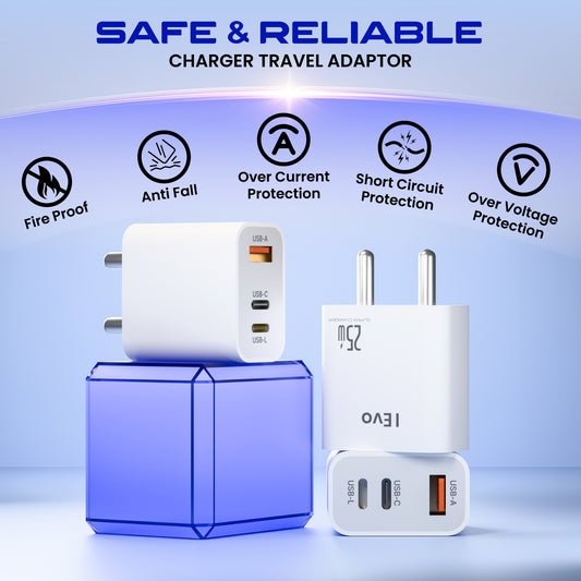 IEVO 25W fast charger adapter with USB-A and USB-C ports featuring fireproof and over current protection