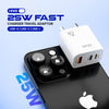IEVO 25W fast charger adapter with USB-A, USB-C, and USB-L ports placed on a black Apple iPhone