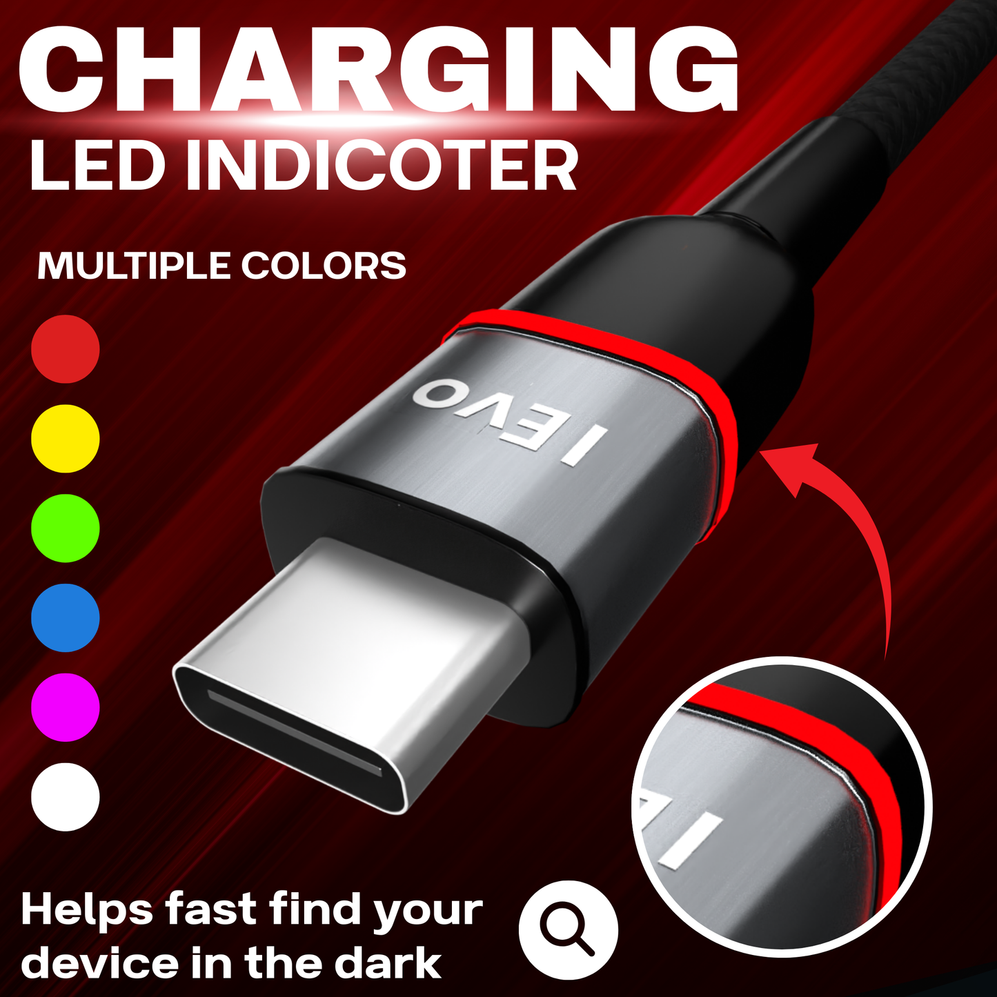 3.4A USB-C cable with LED charging indicator showing multiple colors for fast device finding