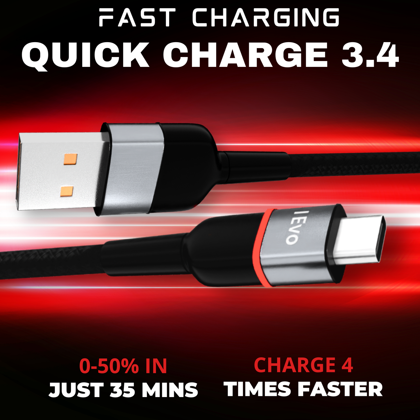 3.4A USB-C cable with LED fast charging black and silver connectors by ievonline