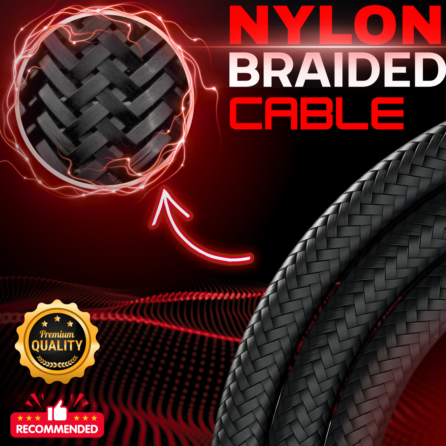 Close-up of black nylon braided 3.4A USB-C cable with LED showing durable texture and premium quality