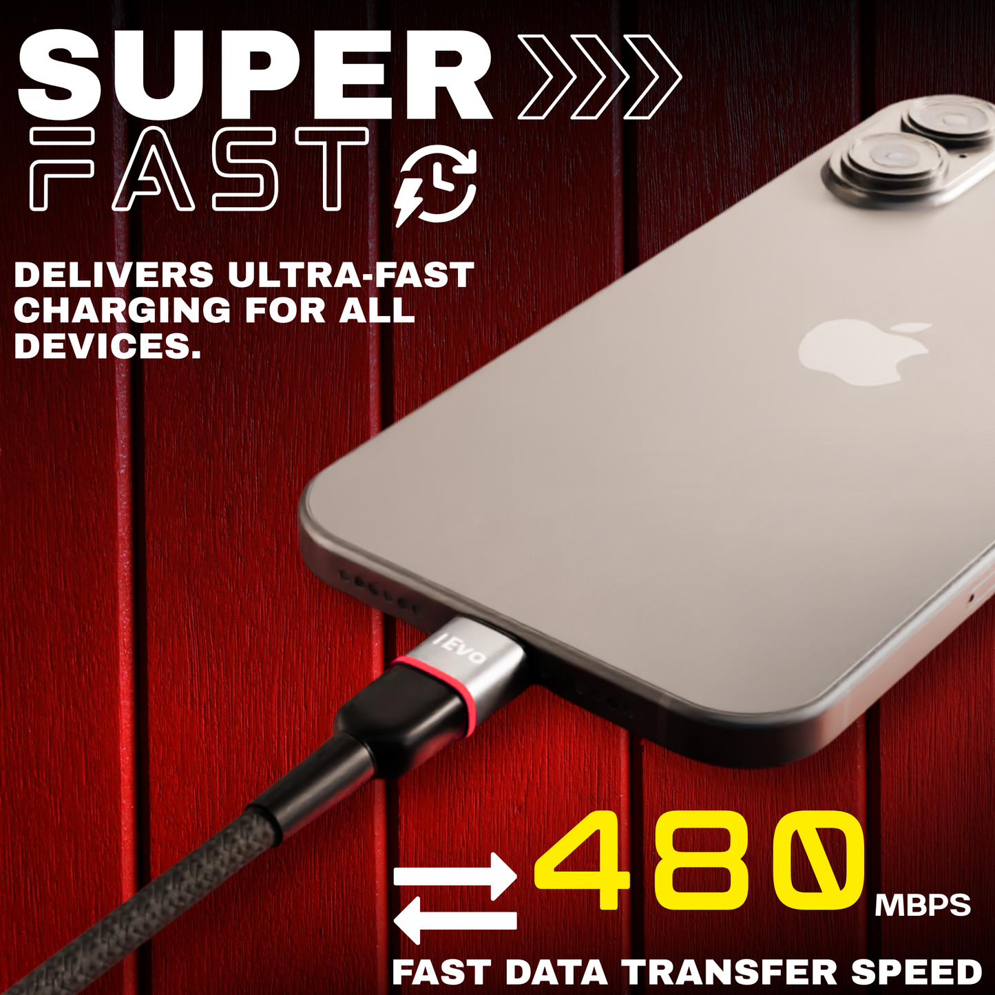 3.4A USB-C cable with LED connected to a smartphone for super fast charging and 480 Mbps data transfer