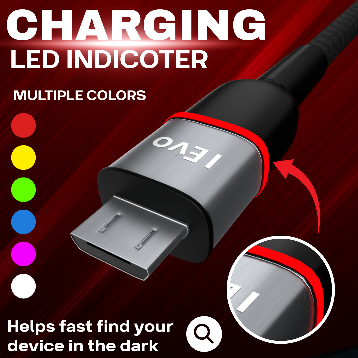 3.4A USB cable with LED indicator by ievonline featuring multiple colors for easy device charging