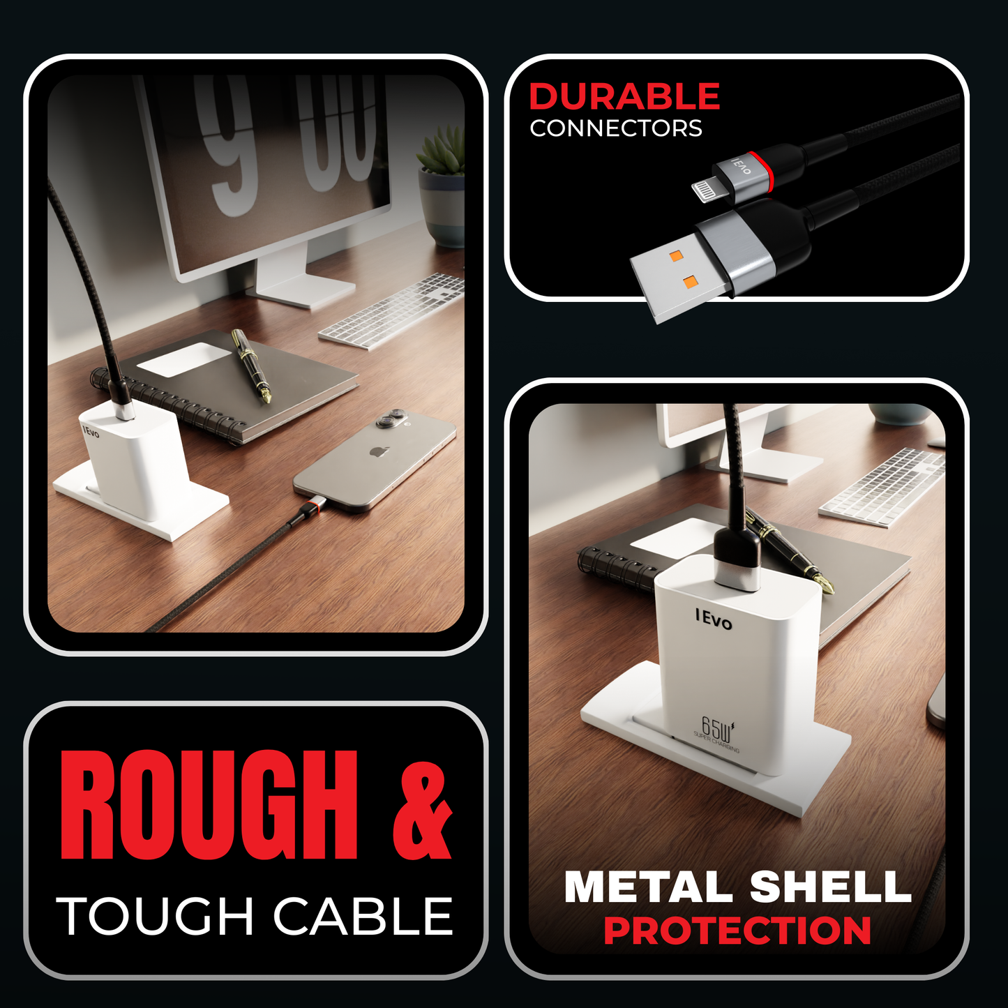 3.4A USB cable with LED featuring durable connectors and metal shell protection on wooden desk
