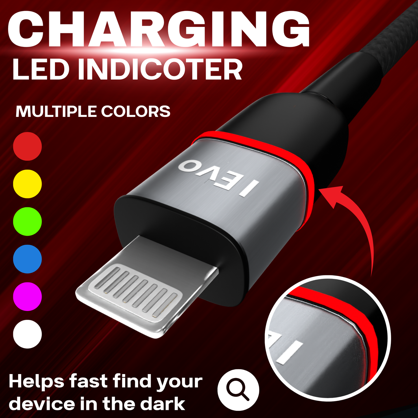 3.4A USB lightning cable with LED charging indicator and multiple color options by ievonline