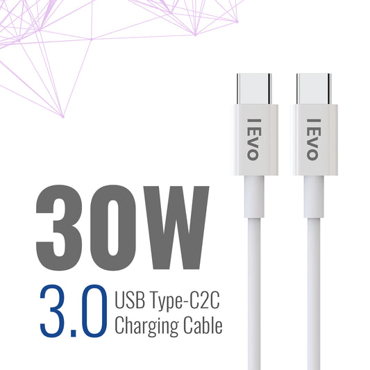 IEVO 30W USB-C charging cable with USB Type-C to Type-C connectors in white