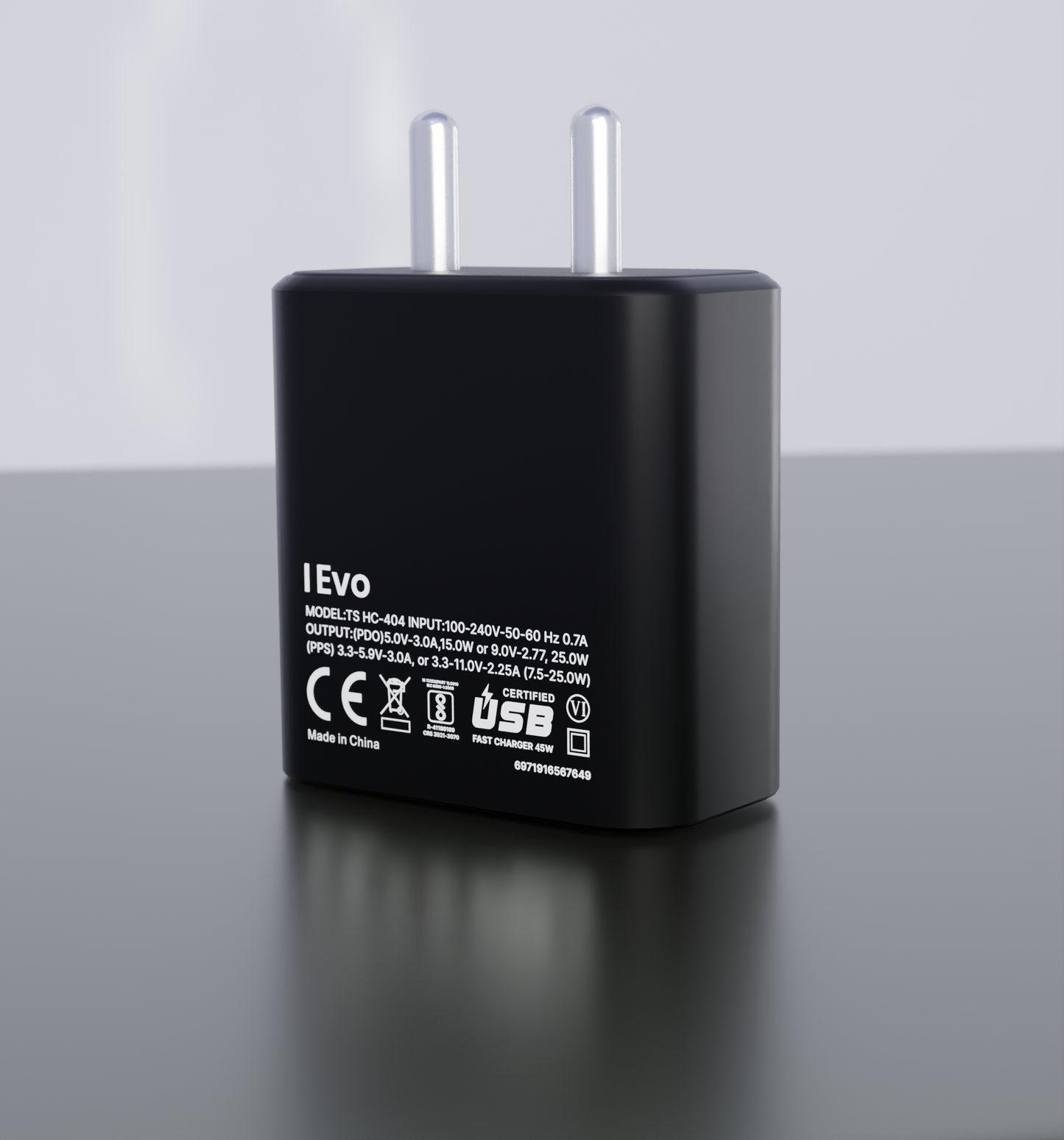 IEVO black 45W PD fast charger with USB port and dual prongs for wall outlet