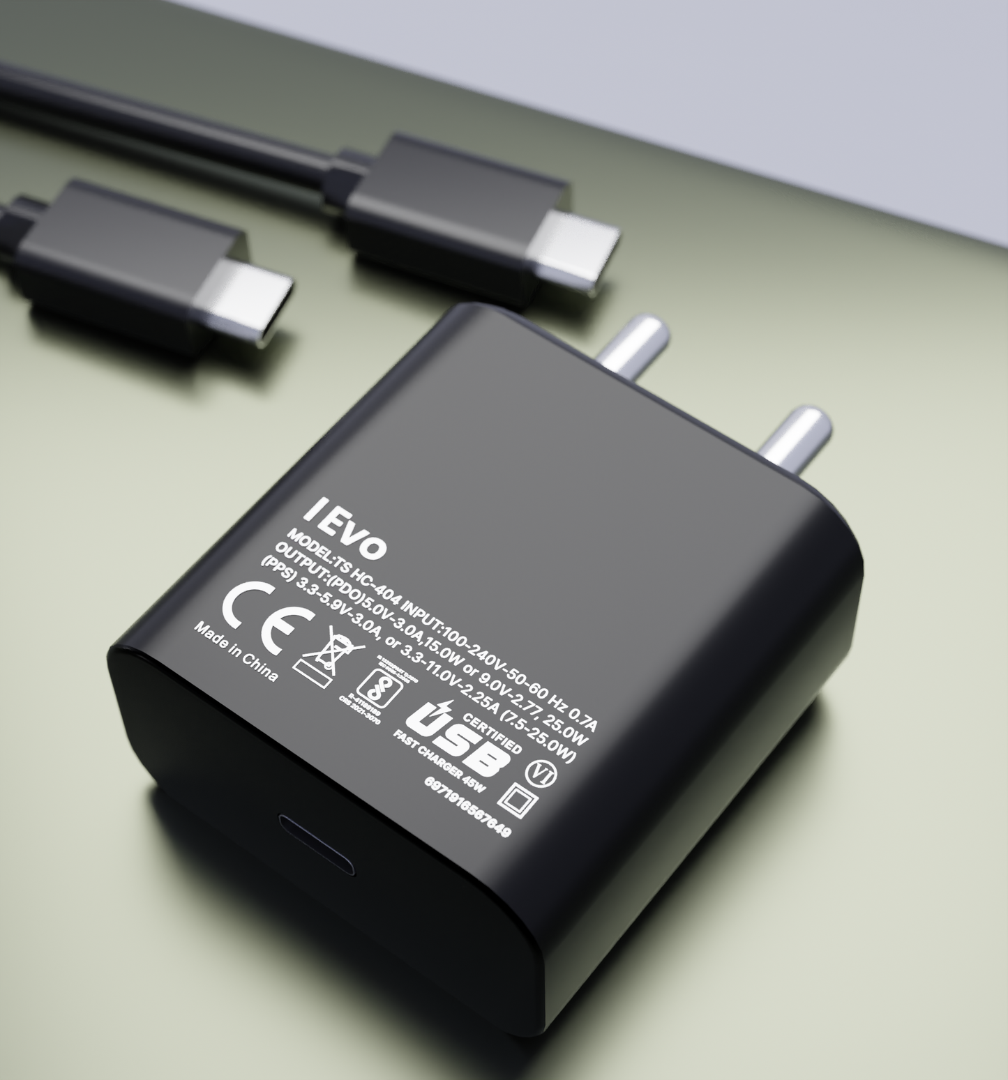 IEVO black 45W PD fast charger with USB-C port and detachable USB-C cable for fast charging