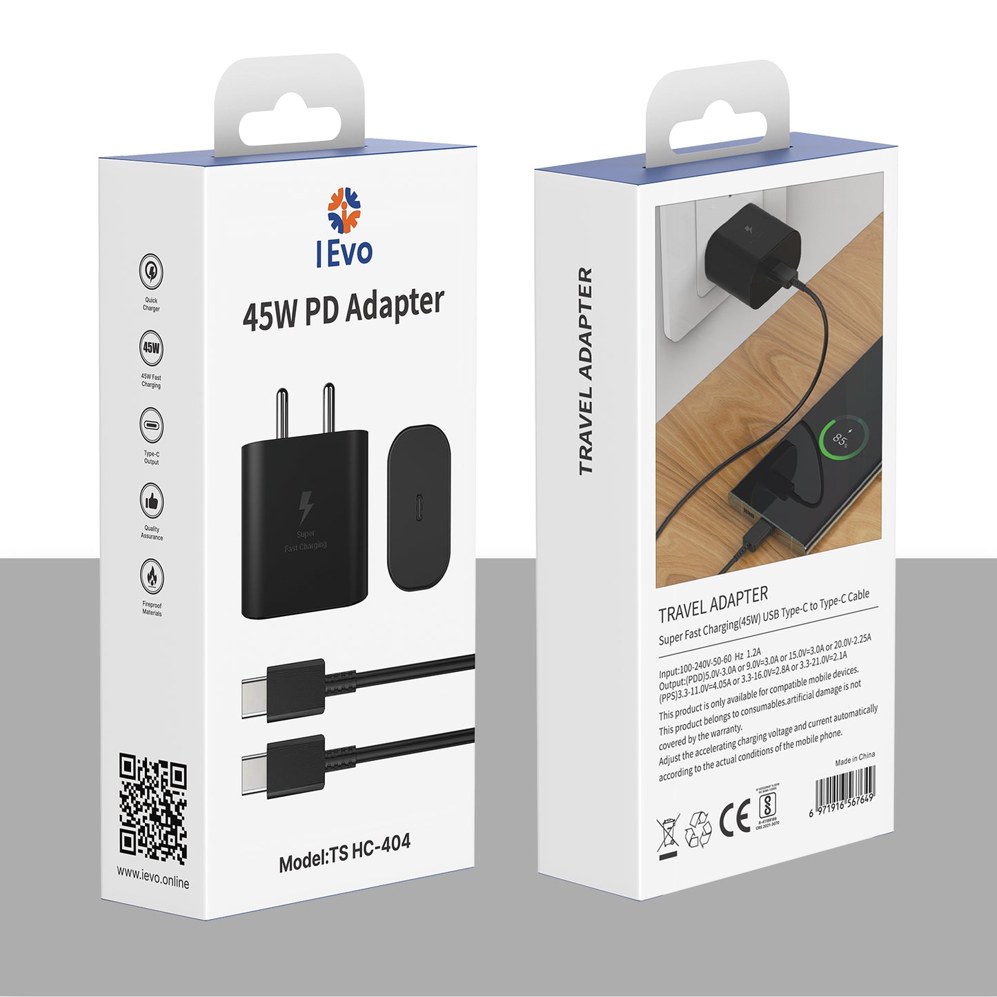 IEVO 45W PD fast charger black travel adapter with USB Type-C cable packaging box