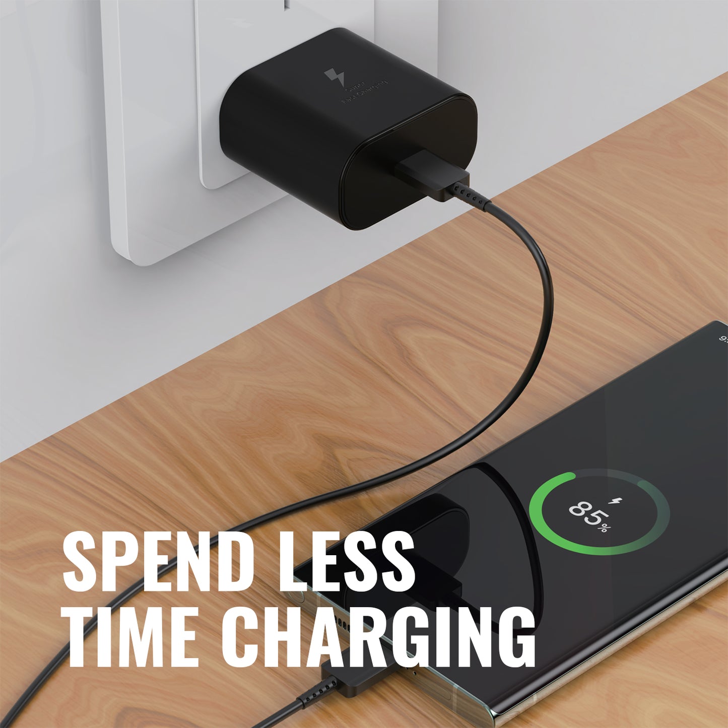 IEVO 45W PD fast charger plugged into wall socket charging a smartphone on wooden desk