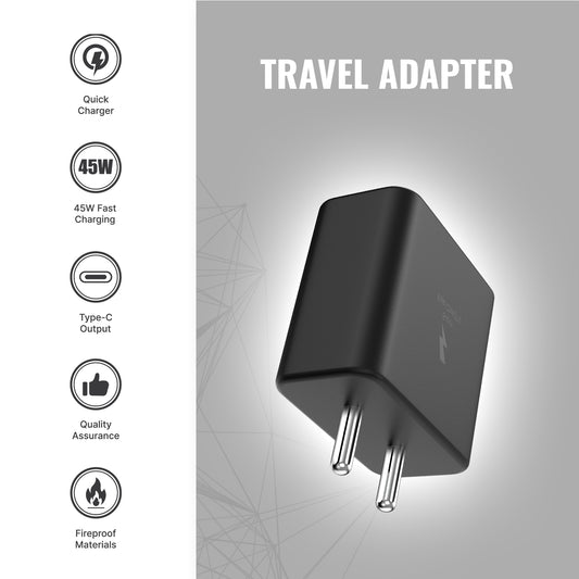 IEVO black travel adapter 45W PD fast charger with Type-C output and fireproof materials