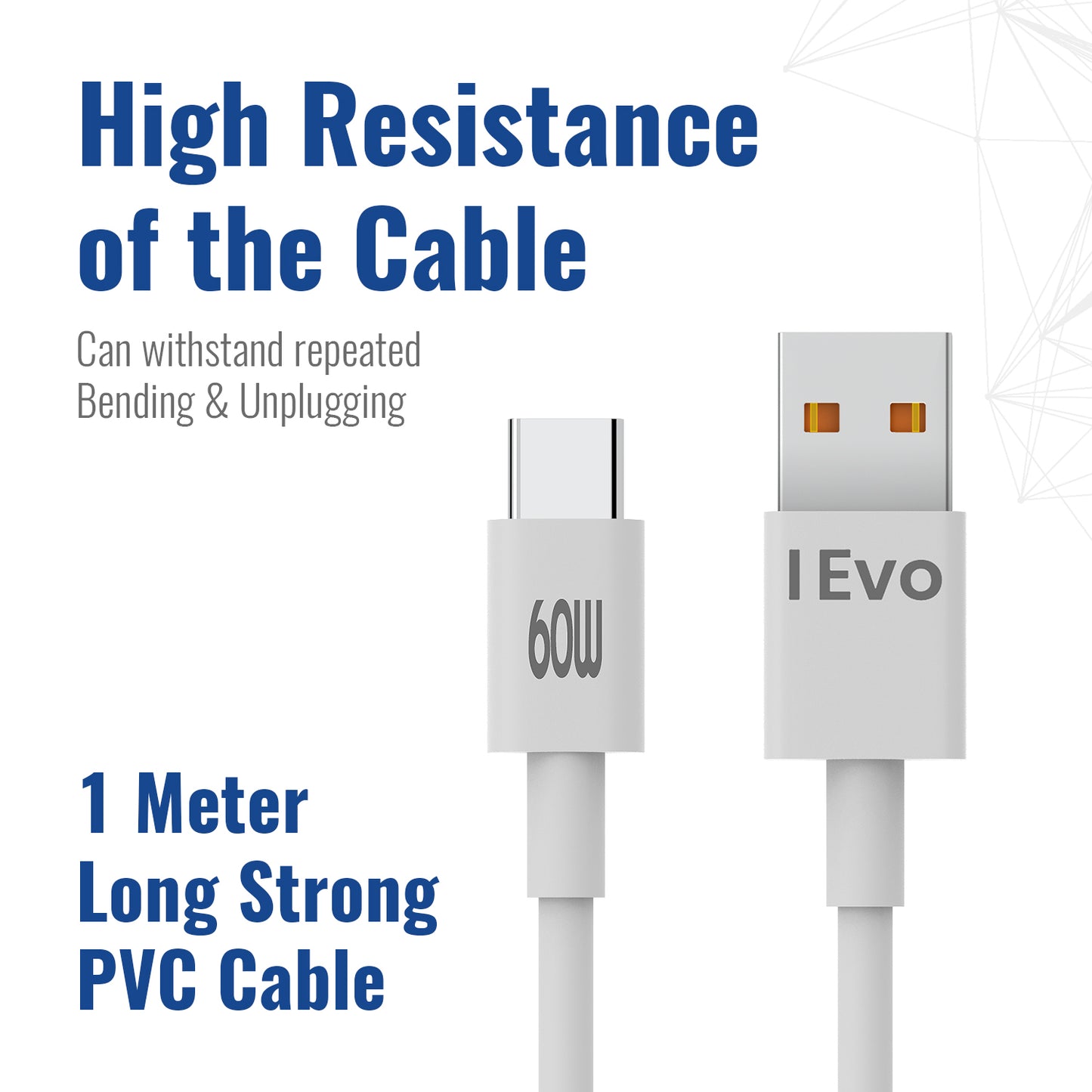 IEVO 60W USB-C charging cable with high resistance, 1 meter long strong PVC construction