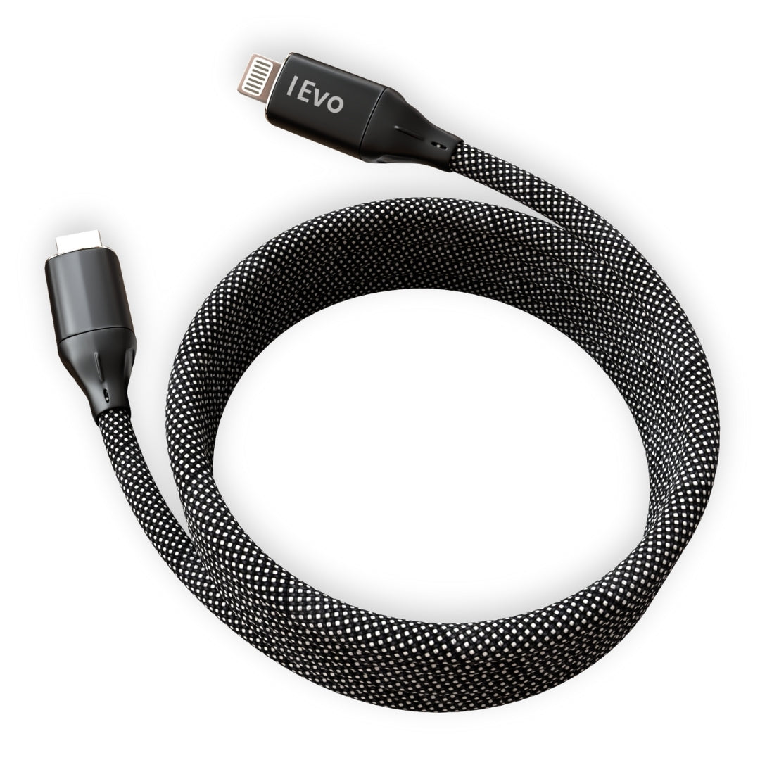ievonline 64W fast charging cable with braided black and white nylon exterior and USB-C to Lightning connectors