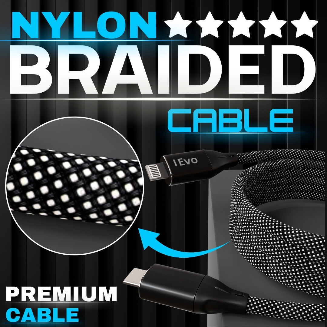 ievonline nylon braided 64W fast charging cable with durable premium black and white design