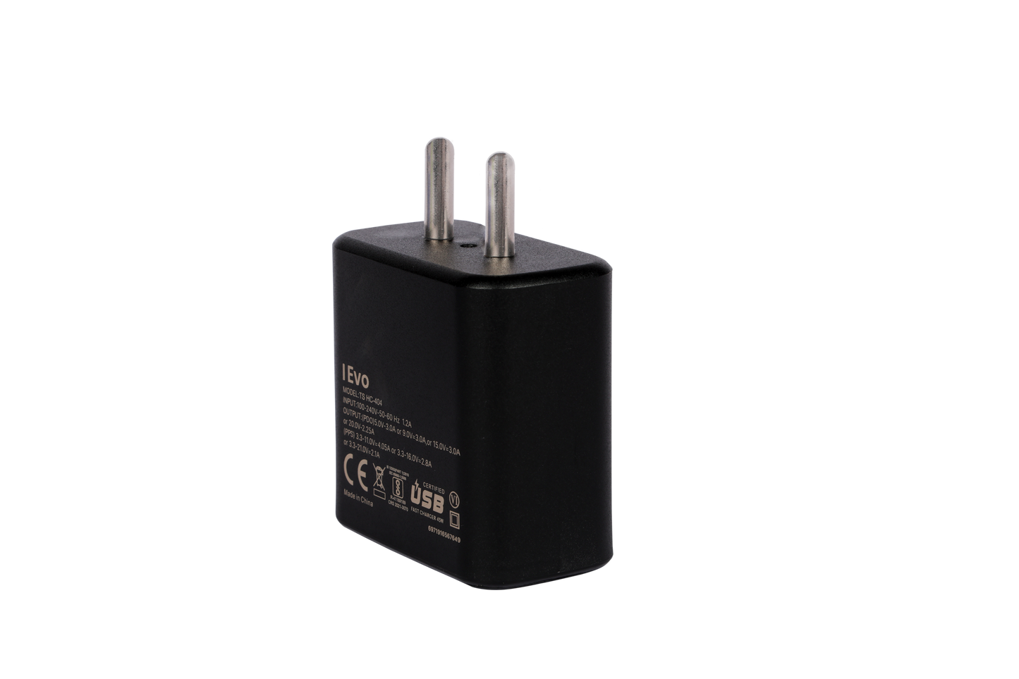 IEVO black dual USB-C fast charger with compact design and two metal prongs for wall outlet