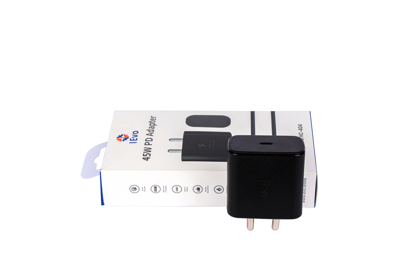 IEVO dual USB-C fast charger in black with 45W power capacity and compact design
