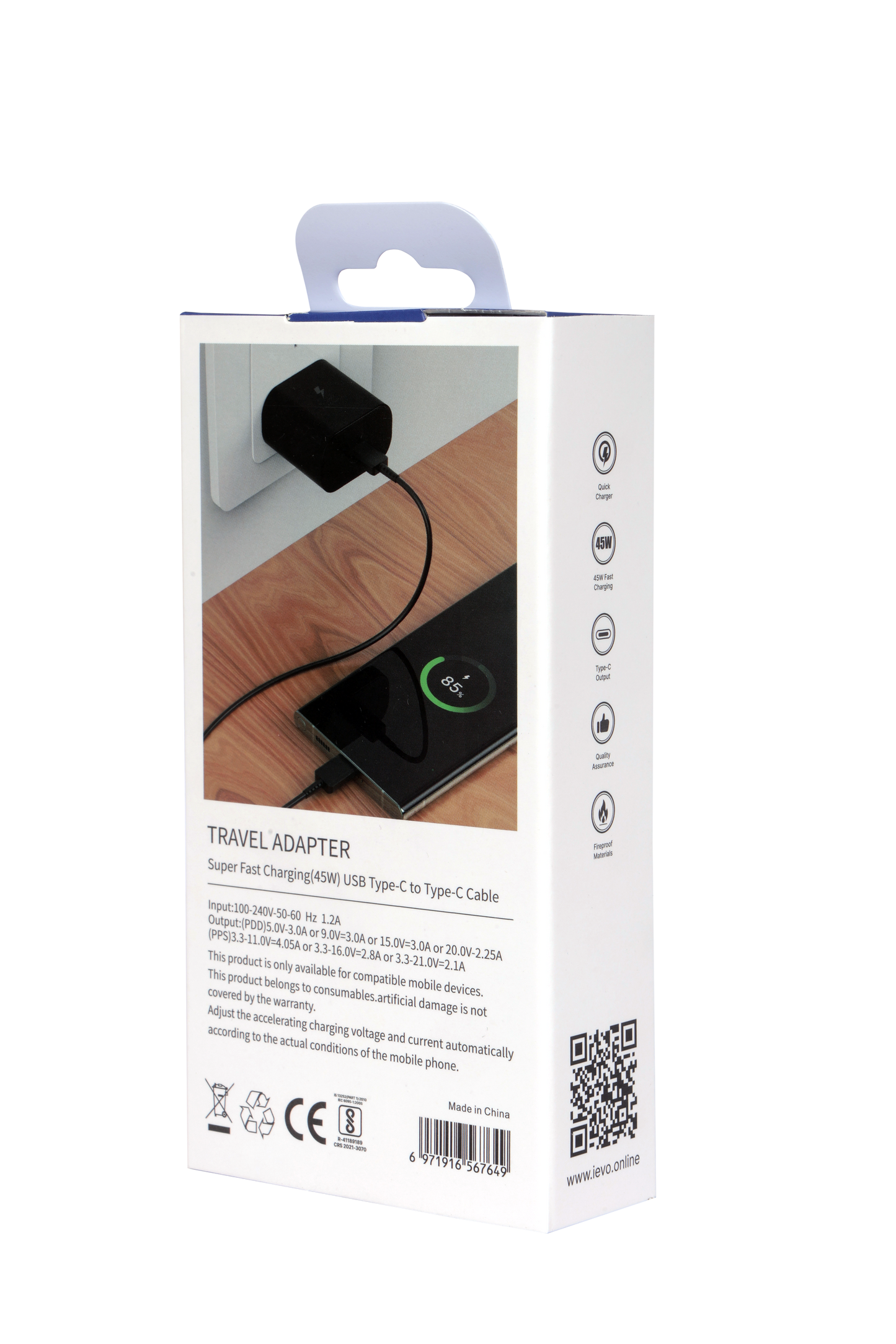 IEVO dual USB-C fast charger travel adapter plugged into wall with phone charging on wooden surface