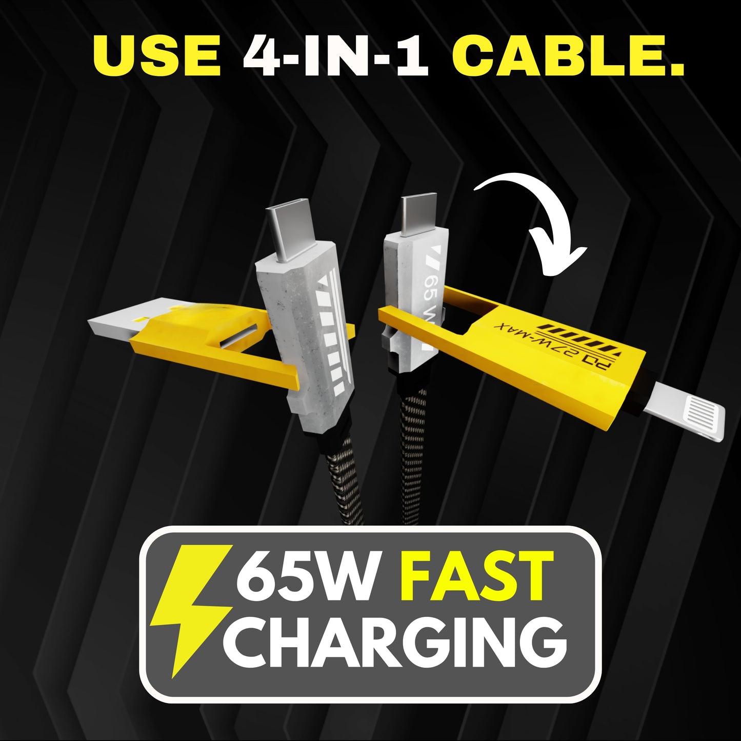 IEVO fast charging cable 4 in 1 with 65W power delivery and multiple connectors for versatile charging