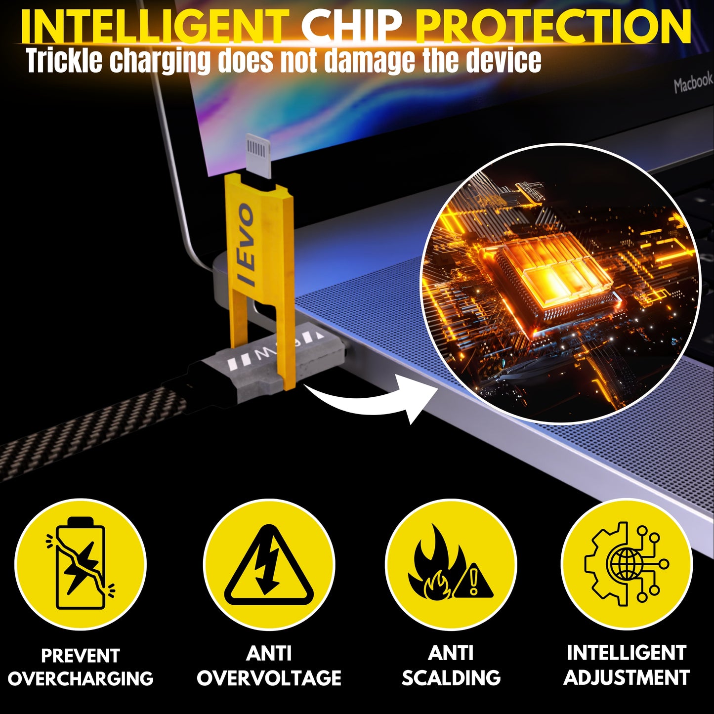 IEVO fast charging cable 4 in 1 connected to laptop showcasing intelligent chip protection and preventing overcharging