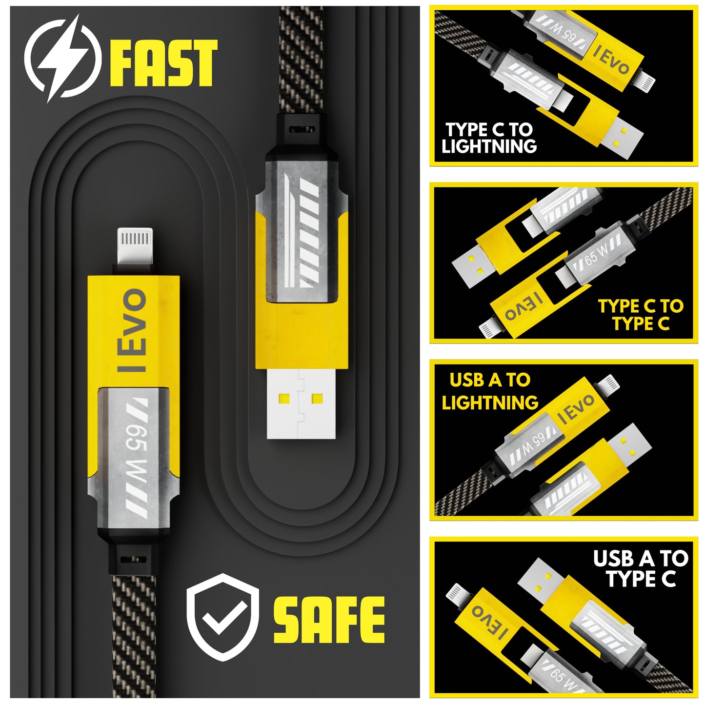 IEVO fast charging cable 4 in 1 with Type C to Lightning, Type C to Type C, USB A to Lightning, and USB A to Type C connectors