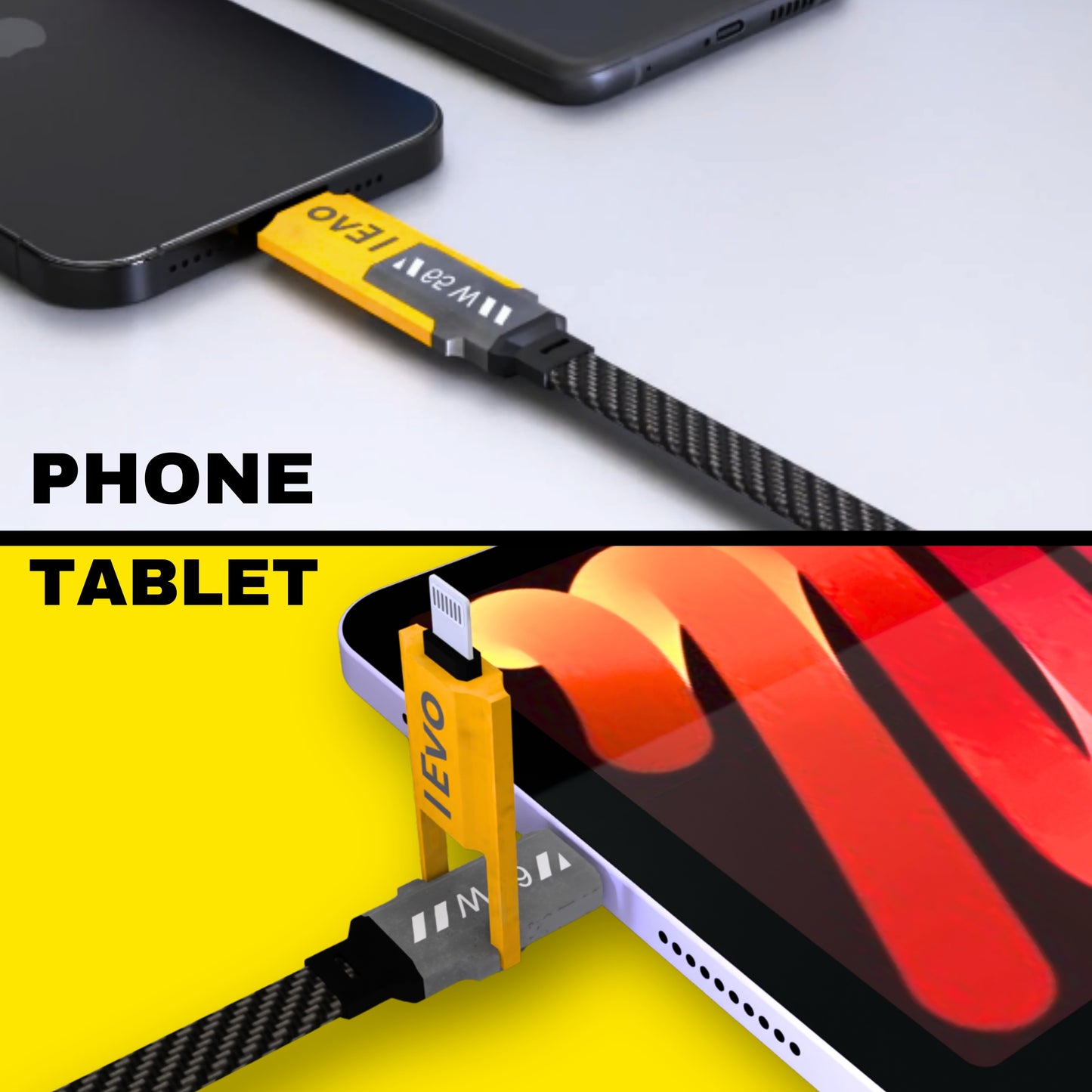 IEVO fast charging cable 4 in 1 connected to phone and tablet with durable braided design