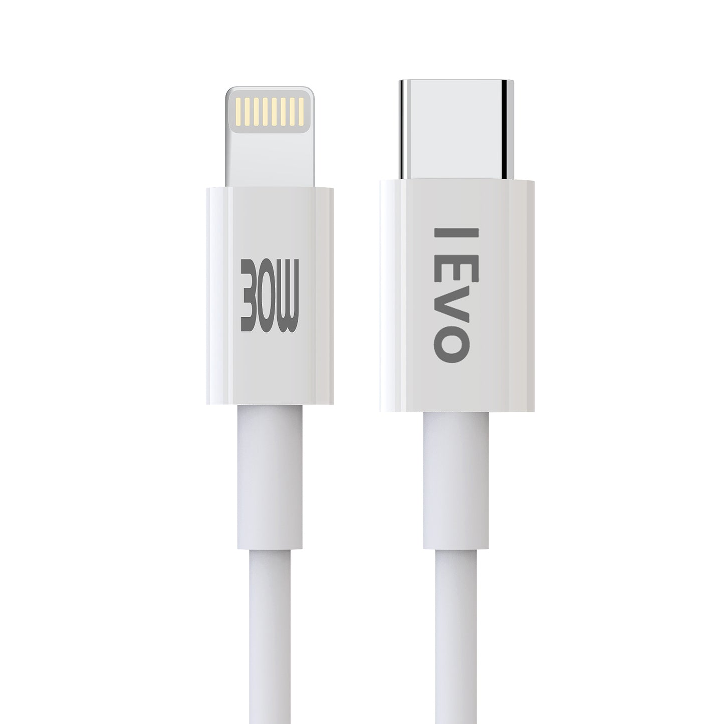 IEVO high power C-L charge cable with USB-C to Lightning connectors in white