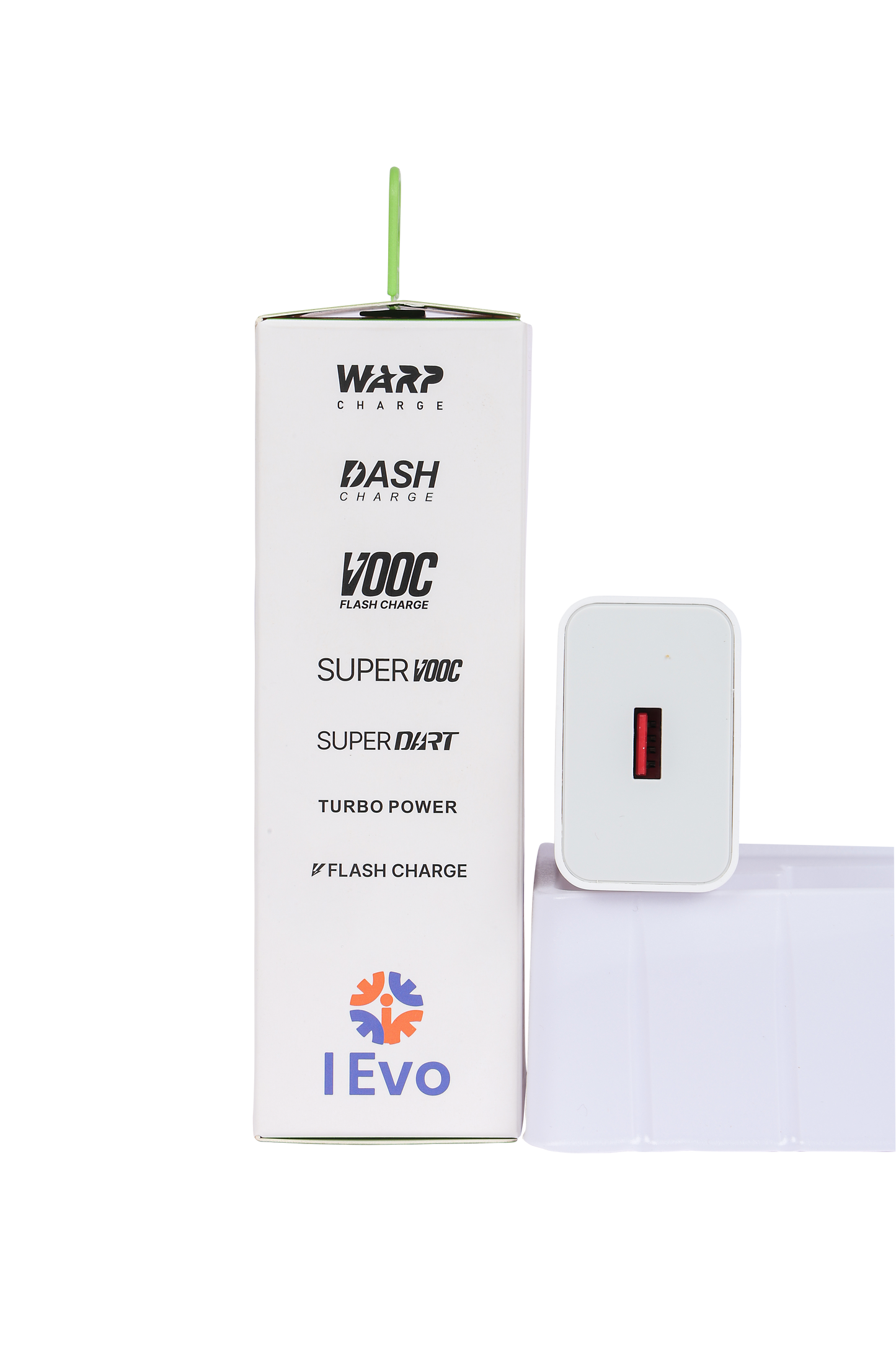 IEVO high speed 65W USB charger in white with single red USB port and fast charge branding
