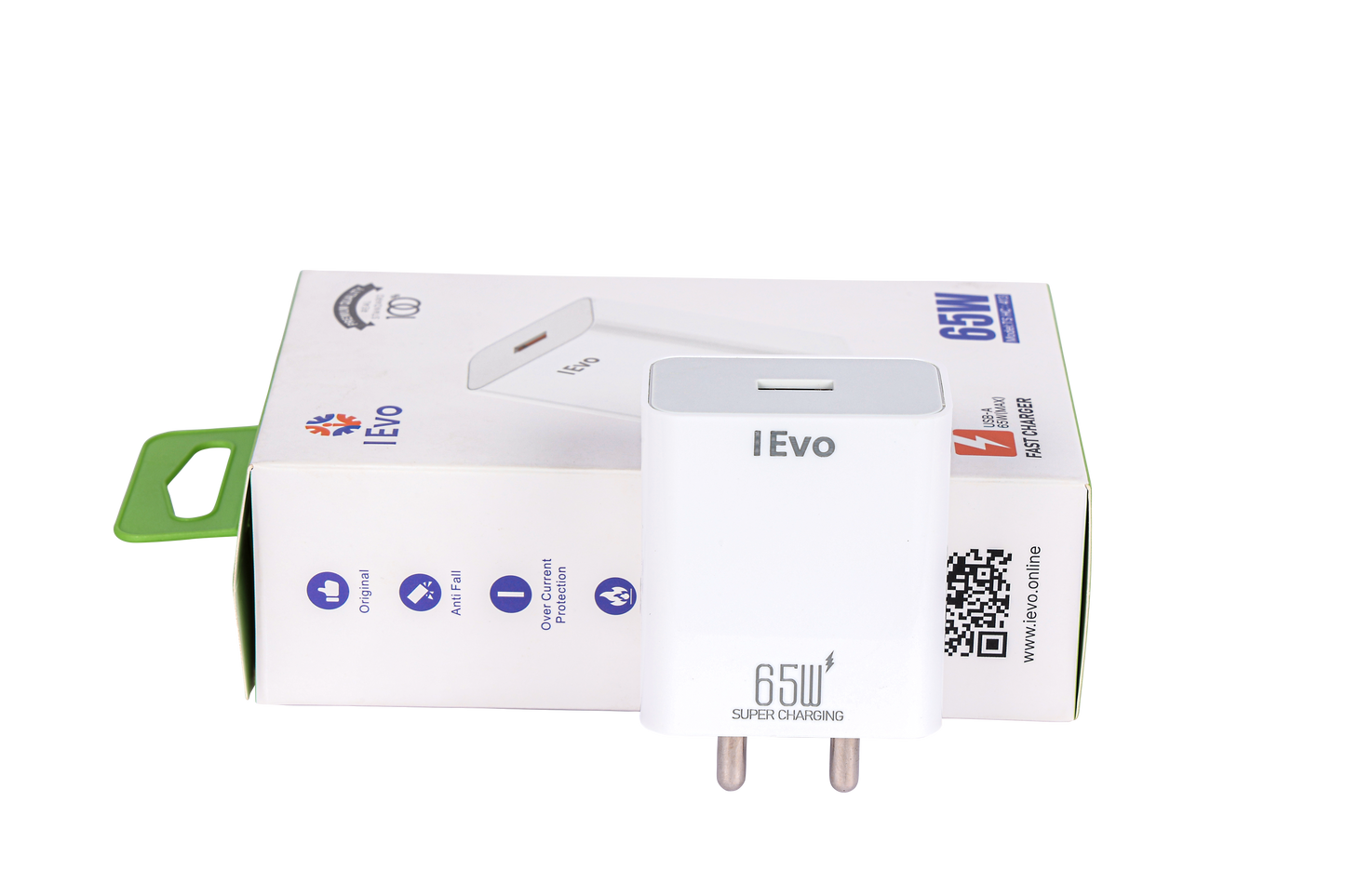 IEVO high speed 65W USB charger in white with compact design and packaging box on black background