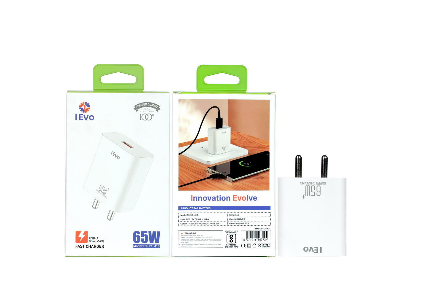 IEVO high speed 65W USB charger with white compact design and fast charging capability