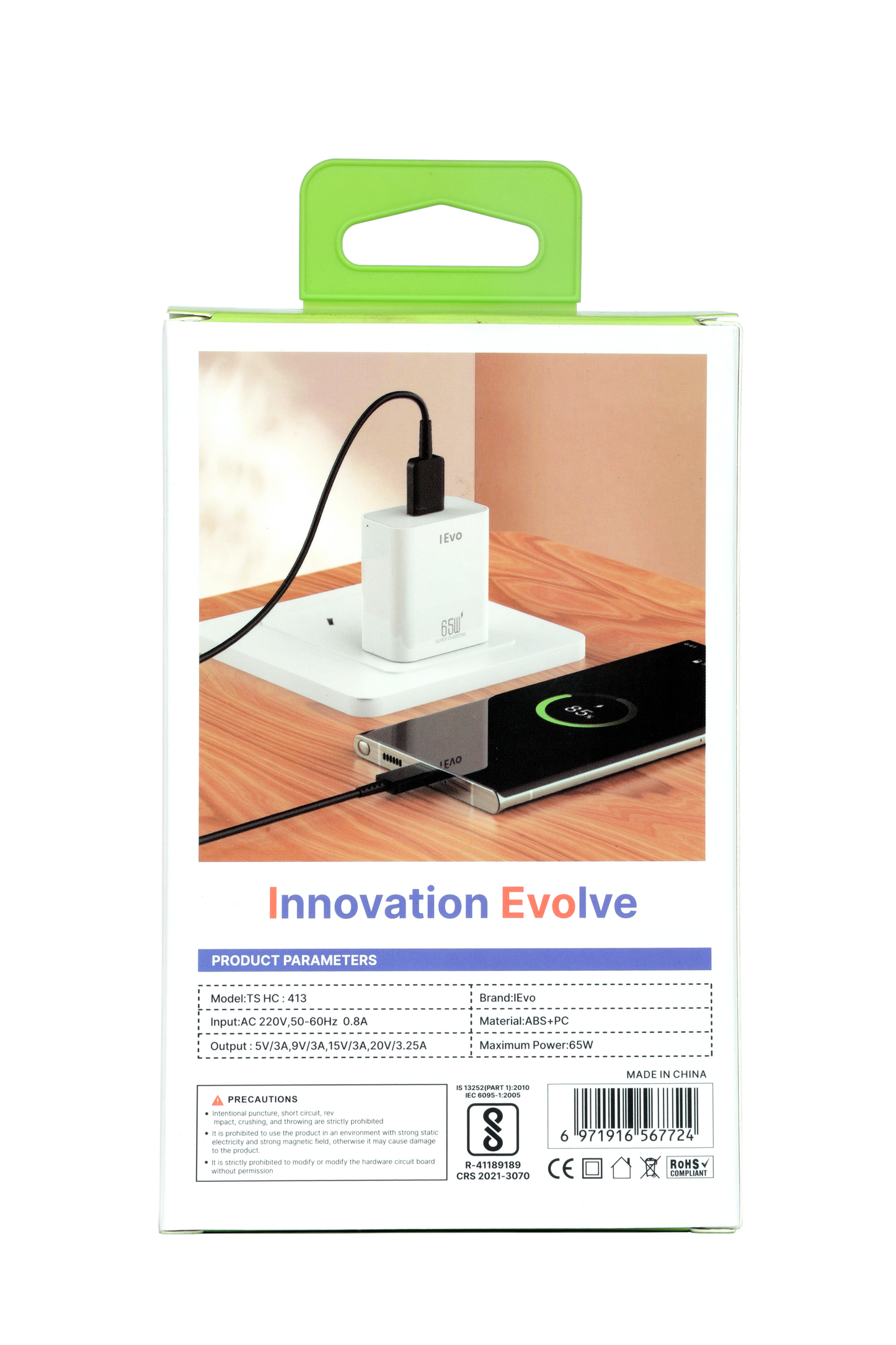 IEVO high speed 65W USB charger plugged into wall socket charging a smartphone on a wooden surface