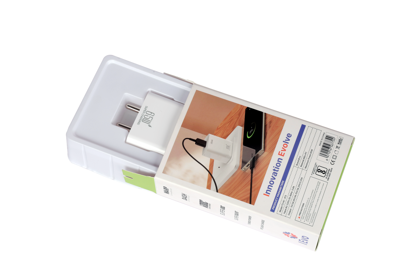 IEVO high speed 65W USB charger in white with foldable plug in retail packaging