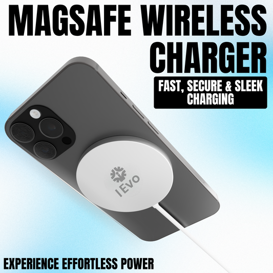 IEvo magnetic phone charger attached to the back of a black smartphone for fast wireless charging
