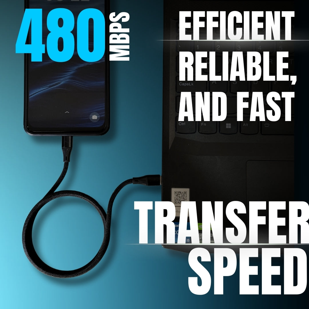 PD 64W magnetic USB cable connected between smartphone and laptop showing 480 Mbps fast transfer speed