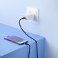 ievonline 20W USB-C mobile charger plugged into wall socket charging a smartphone on blue table