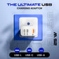 IEVO 25W fast charger adapter with USB-L USB-C and USB-A ports plugged into a blue wall socket