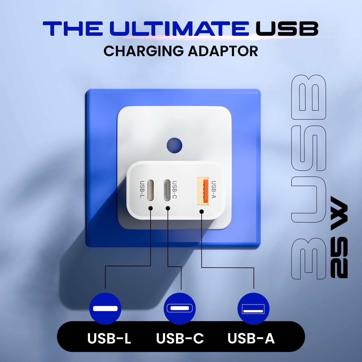 IEVO 25W fast charger adapter with USB-L USB-C and USB-A ports plugged into a blue wall socket