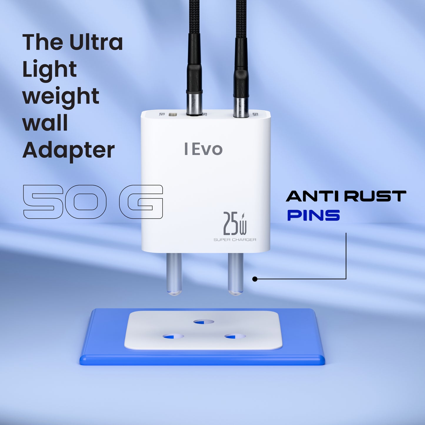 IEvo 25W fast charger adapter with ultra lightweight design and anti rust pins for efficient charging