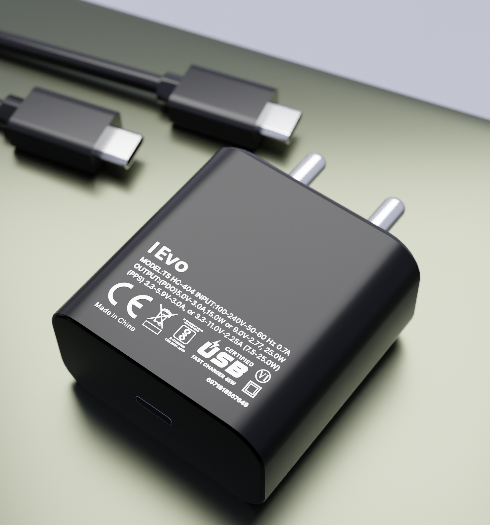 IEVO black 45W PD fast charger with USB-C port and detachable USB-C cable for fast charging