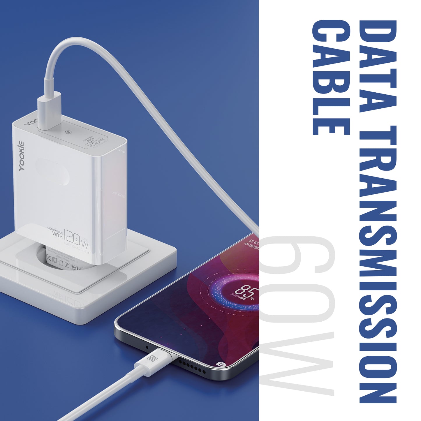 IEVO 60W USB-C charging cable connected to a smartphone and white power adapter on blue surface