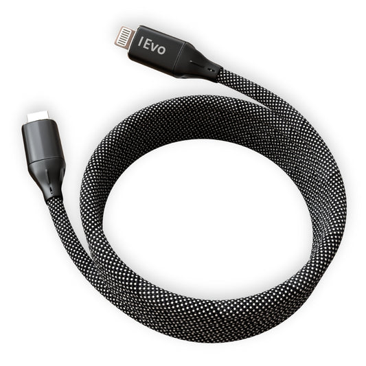 ievonline 64W fast charging cable with braided black and white nylon exterior and USB-C to Lightning connectors