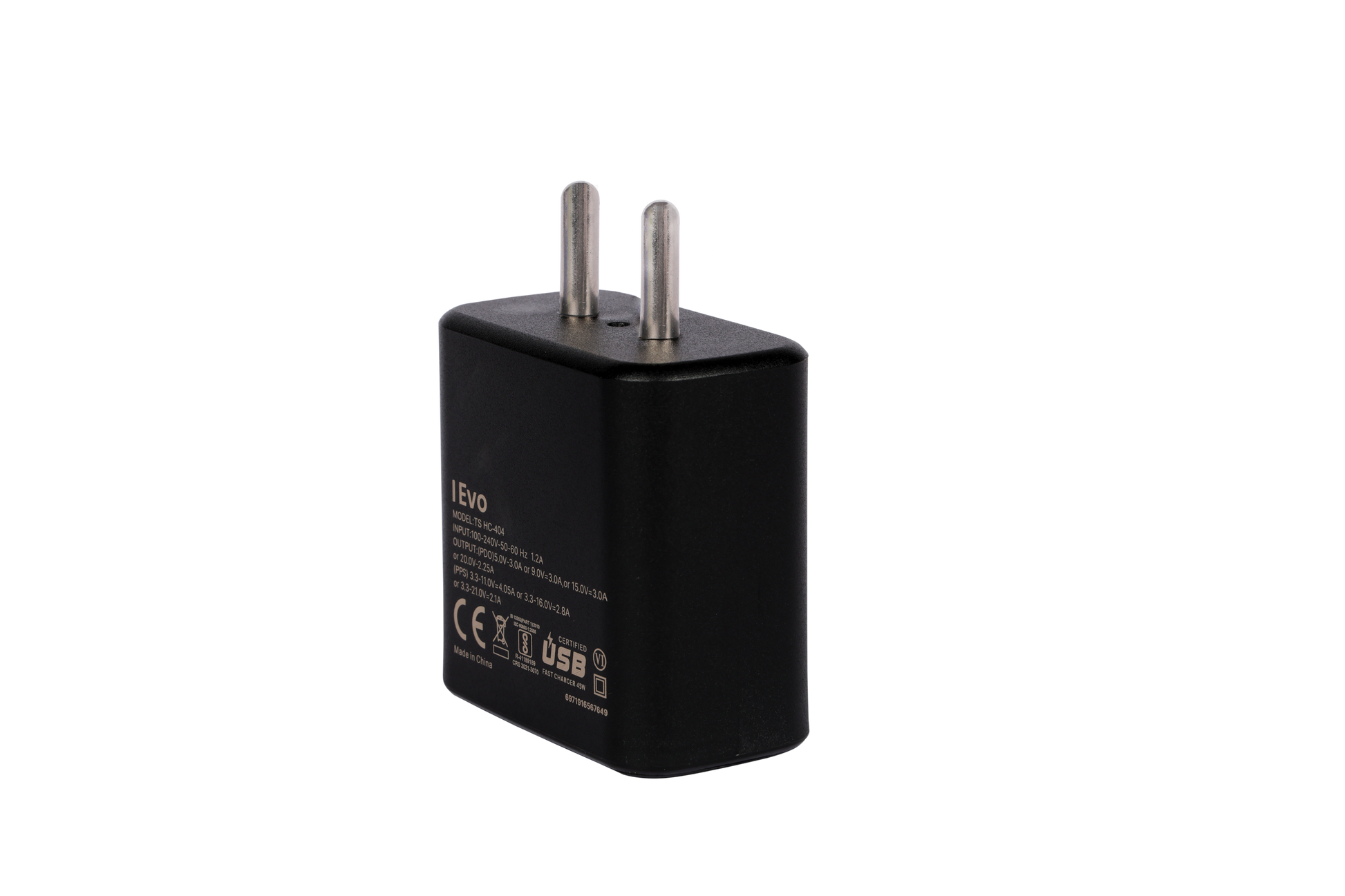 IEVO black dual USB-C fast charger with compact design and two metal prongs for wall outlet