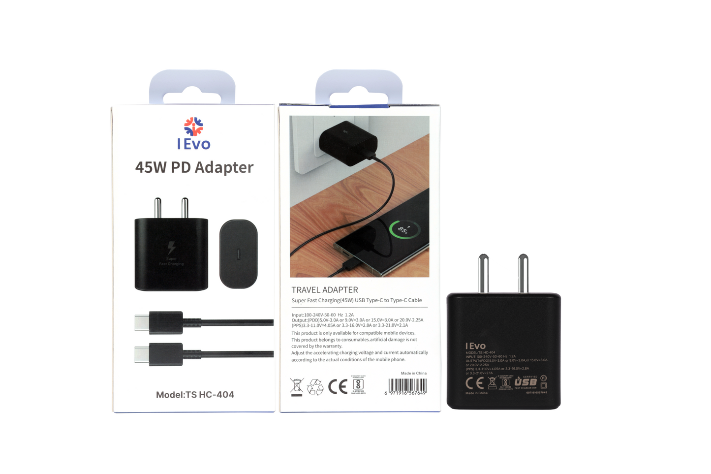 IEVO dual USB-C fast charger 45W PD adapter with travel adapter and Type-C cable